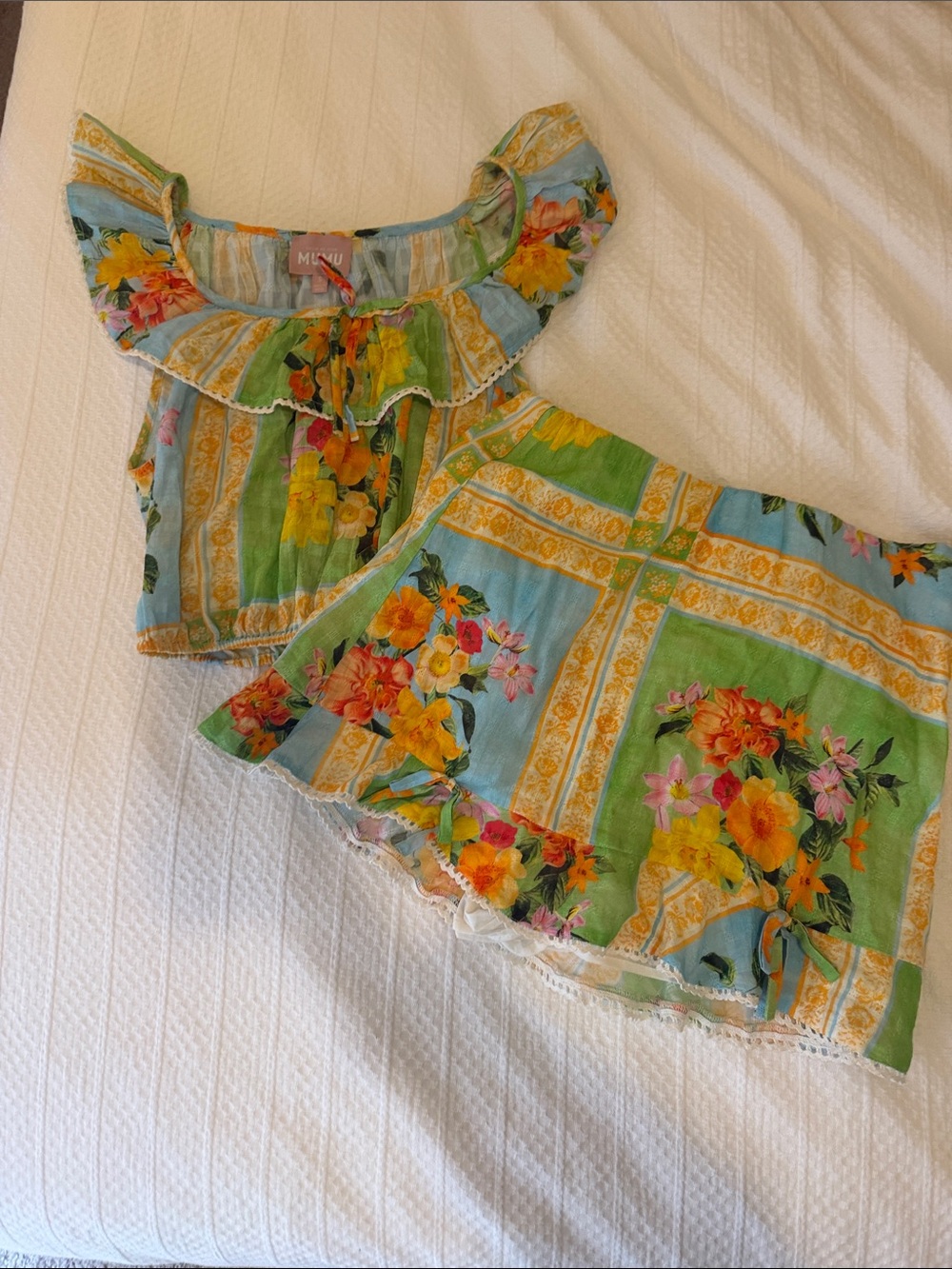 Show Me Your MuMu Floral Ruffle Neck Camisole Dress - Green & Blue - Picture 2 of 4